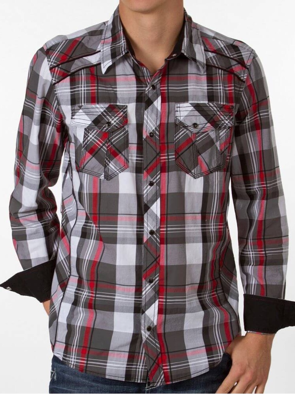 BKE Monona Men's Grey & Red Plaid Button-Up Shirt